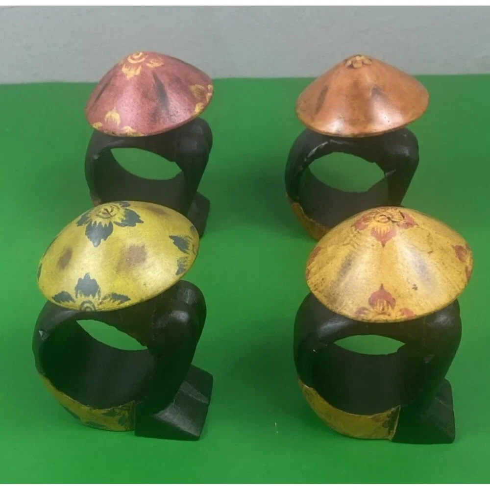 Pier 1 Napkin Ring Holders Wood Chinese Rice Hats Set 4